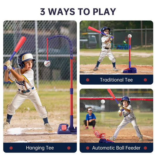 3-in-1 Kids Baseball Set for Ages 3-5/5-8, Batting Tee, Stand Tee, Pitching Machine with 4 Plastic Softballs & Bat