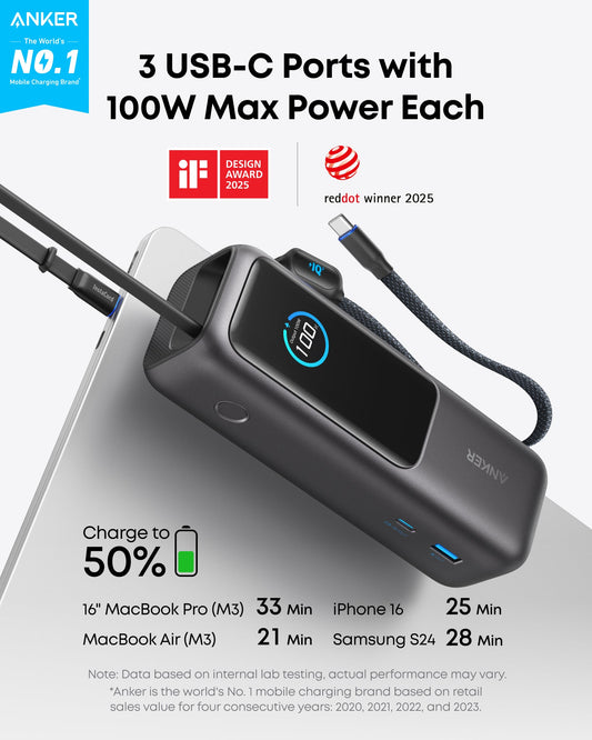 Anker Laptop Power Bank (25K, 165W, Built-In and Retractable Cables)