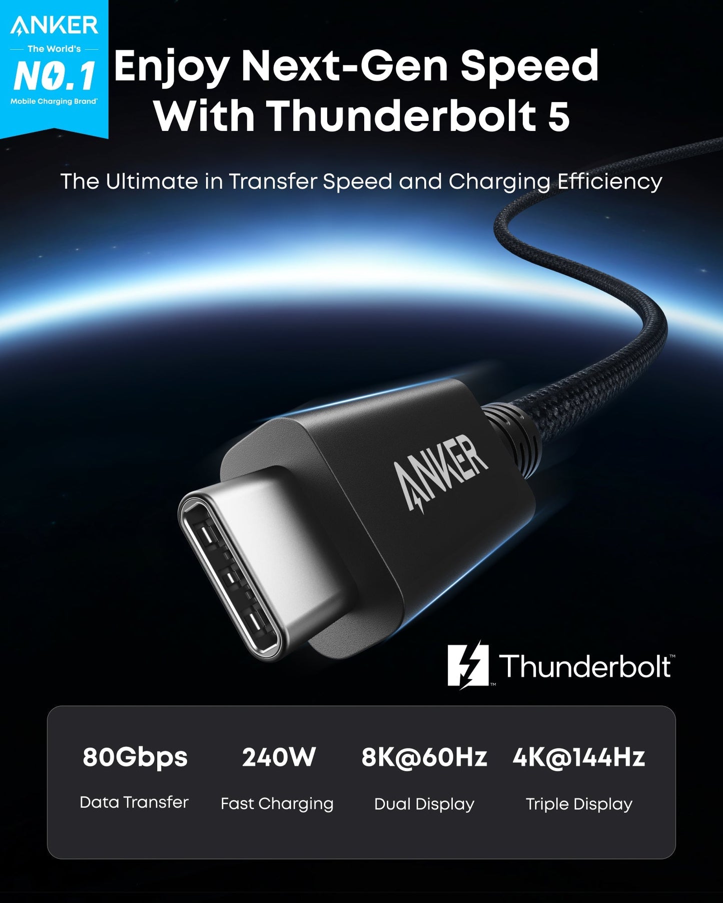Anker Prime Thunderbolt 5 Cable (3.3 ft/1.7 ft, 80 Gbps, 240W)