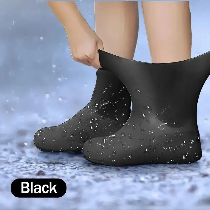 1 pair of black latex waterproof shoe covers, anti slip and wear-resistant, suitable for mountaineering and hiking