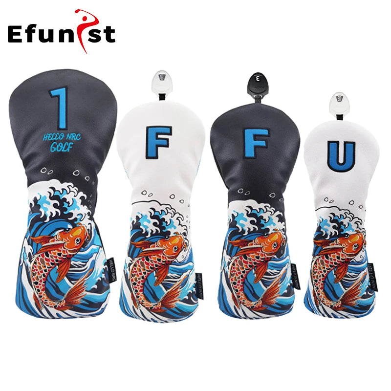 Golf Wood Cover Koi Pattern Driver Fairway Hybrid Waterproof Protector Head Cover PU Leather Soft Durable Golf Club Covers