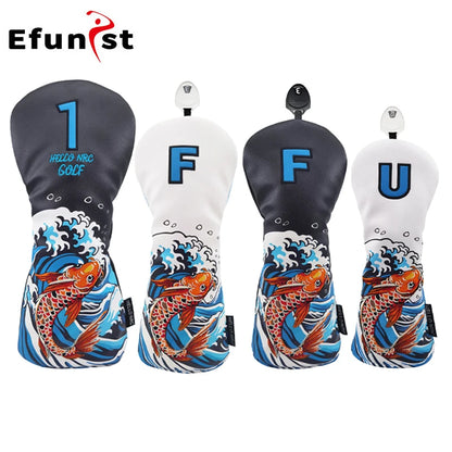 Golf Wood Cover Koi Pattern Driver Fairway Hybrid Waterproof Protector Head Cover PU Leather Soft Durable Golf Club Covers
