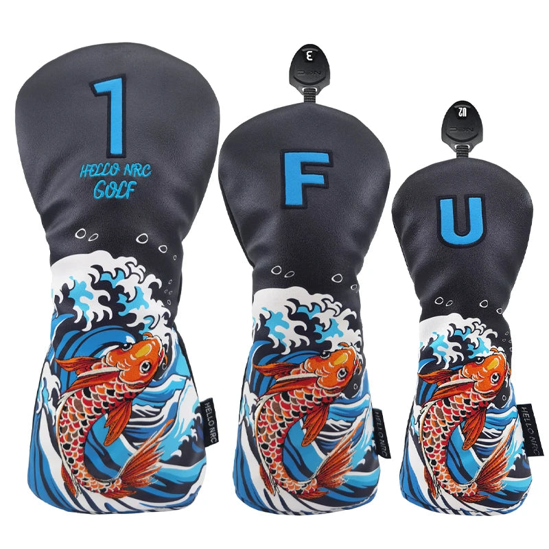 Golf Wood Cover Koi Pattern Driver Fairway Hybrid Waterproof Protector Head Cover PU Leather Soft Durable Golf Club Covers