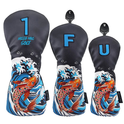 Golf Wood Cover Koi Pattern Driver Fairway Hybrid Waterproof Protector Head Cover PU Leather Soft Durable Golf Club Covers