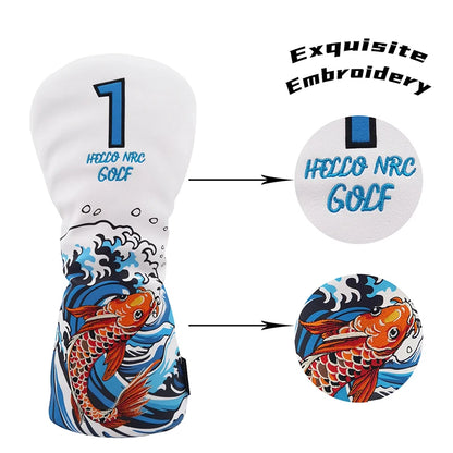 Golf Wood Cover Koi Pattern Driver Fairway Hybrid Waterproof Protector Head Cover PU Leather Soft Durable Golf Club Covers