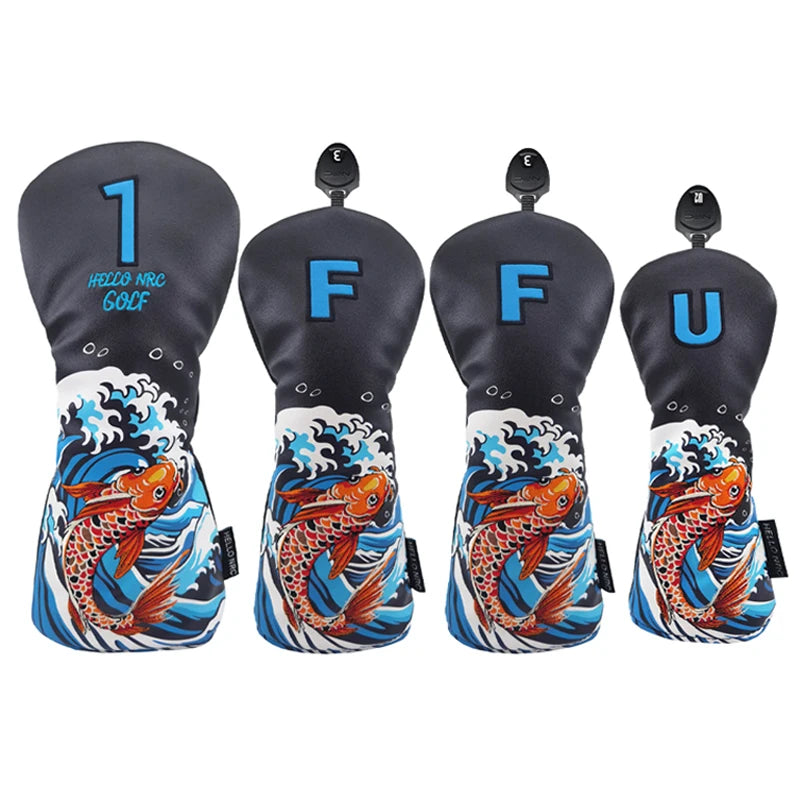 Golf Wood Cover Koi Pattern Driver Fairway Hybrid Waterproof Protector Head Cover PU Leather Soft Durable Golf Club Covers