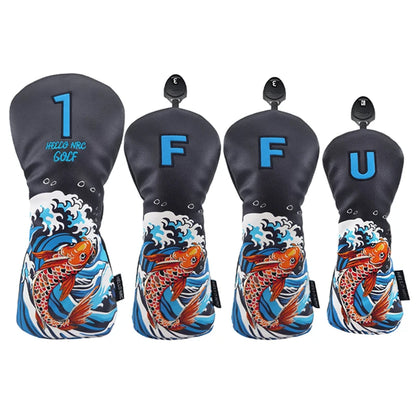 Golf Wood Cover Koi Pattern Driver Fairway Hybrid Waterproof Protector Head Cover PU Leather Soft Durable Golf Club Covers