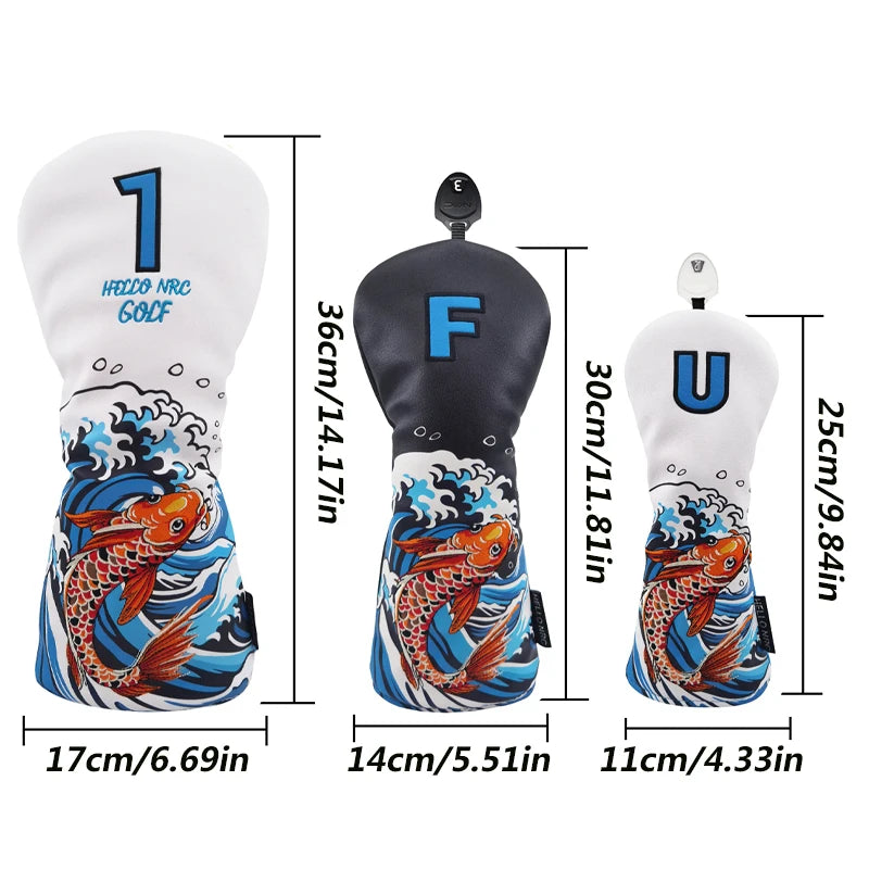 Golf Wood Cover Koi Pattern Driver Fairway Hybrid Waterproof Protector Head Cover PU Leather Soft Durable Golf Club Covers