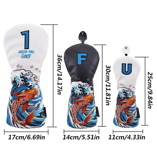 Golf Wood Cover Koi Pattern Driver Fairway Hybrid Waterproof Protector Head Cover PU Leather Soft Durable Golf Club Covers