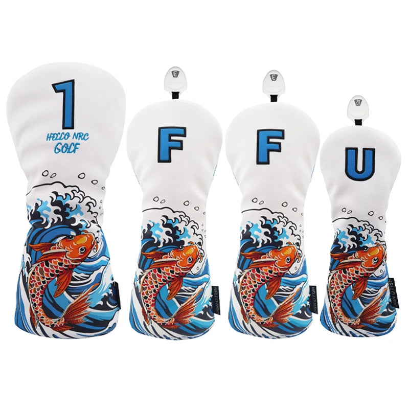 Golf Wood Cover Koi Pattern Driver Fairway Hybrid Waterproof Protector Head Cover PU Leather Soft Durable Golf Club Covers