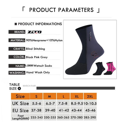 1.5MM Neoprene Diving Socks Men's Women's Swimming Warm Snorkeling Socks Water Sports Long Non-slip Wearable Beach Socks
