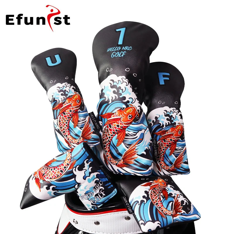 Golf Wood Cover Koi Pattern Driver Fairway Hybrid Waterproof Protector Head Cover PU Leather Soft Durable Golf Club Covers