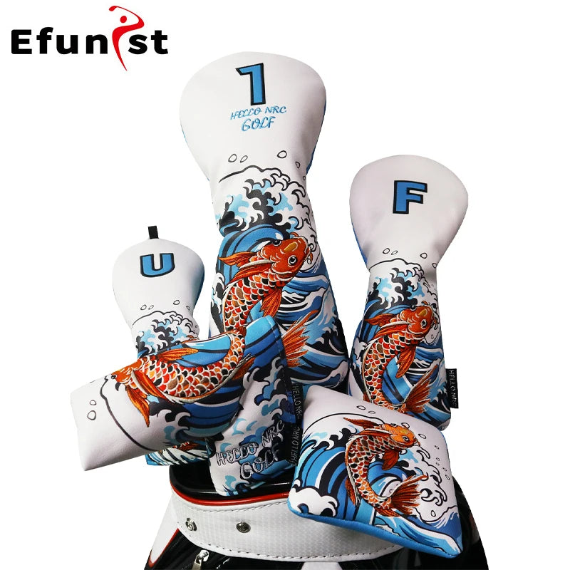 Golf Wood Cover Koi Pattern Driver Fairway Hybrid Waterproof Protector Head Cover PU Leather Soft Durable Golf Club Covers
