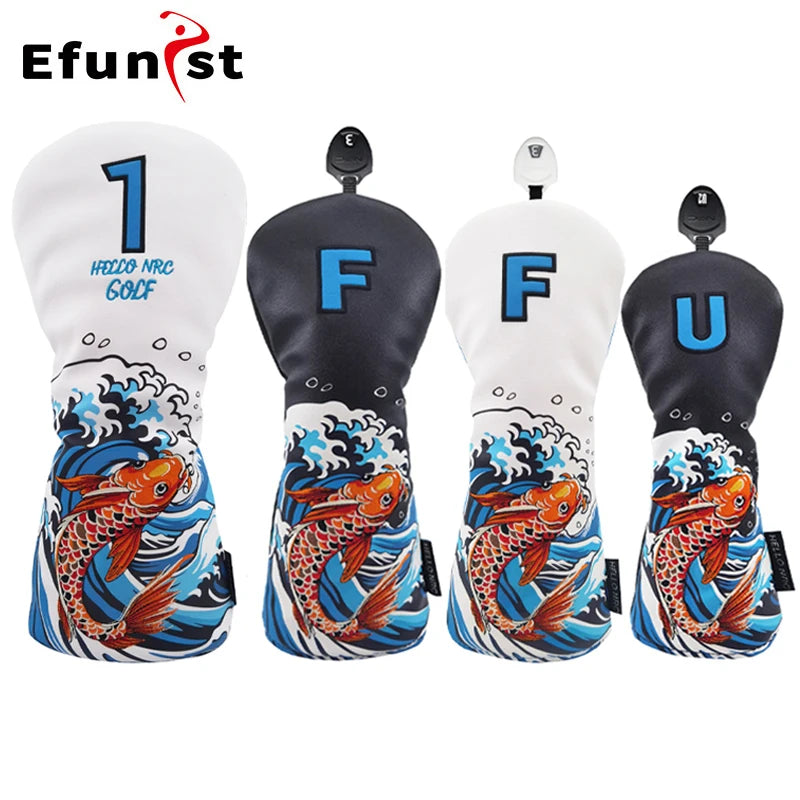 Golf Wood Cover Koi Pattern Driver Fairway Hybrid Waterproof Protector Head Cover PU Leather Soft Durable Golf Club Covers