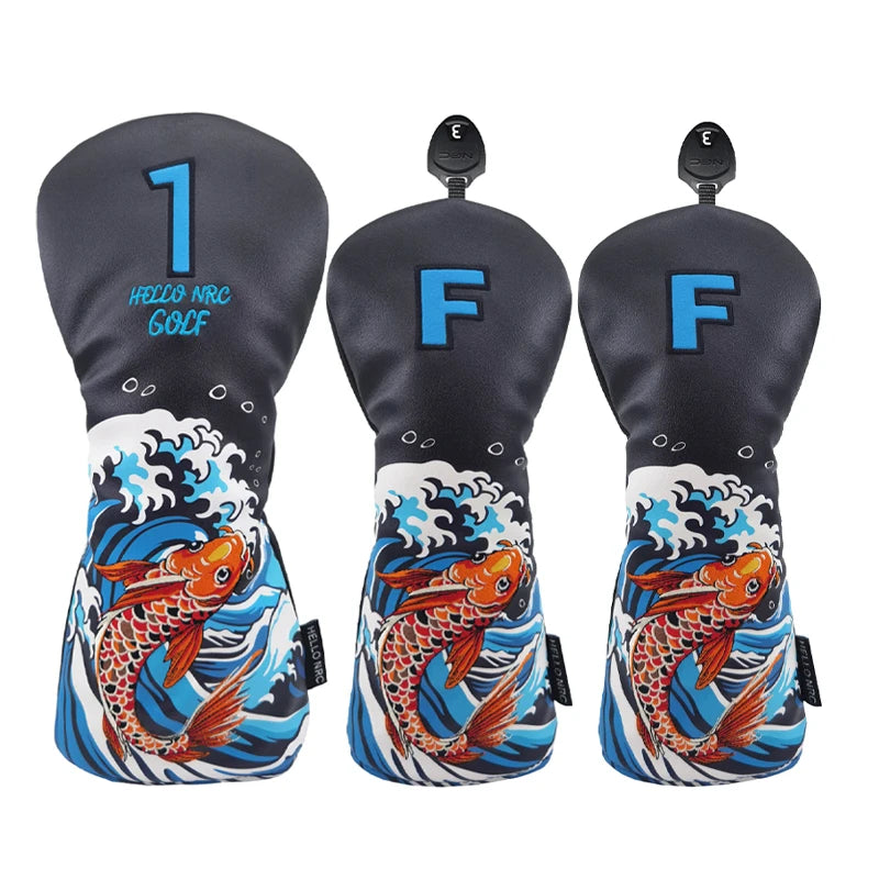 Golf Wood Cover Koi Pattern Driver Fairway Hybrid Waterproof Protector Head Cover PU Leather Soft Durable Golf Club Covers