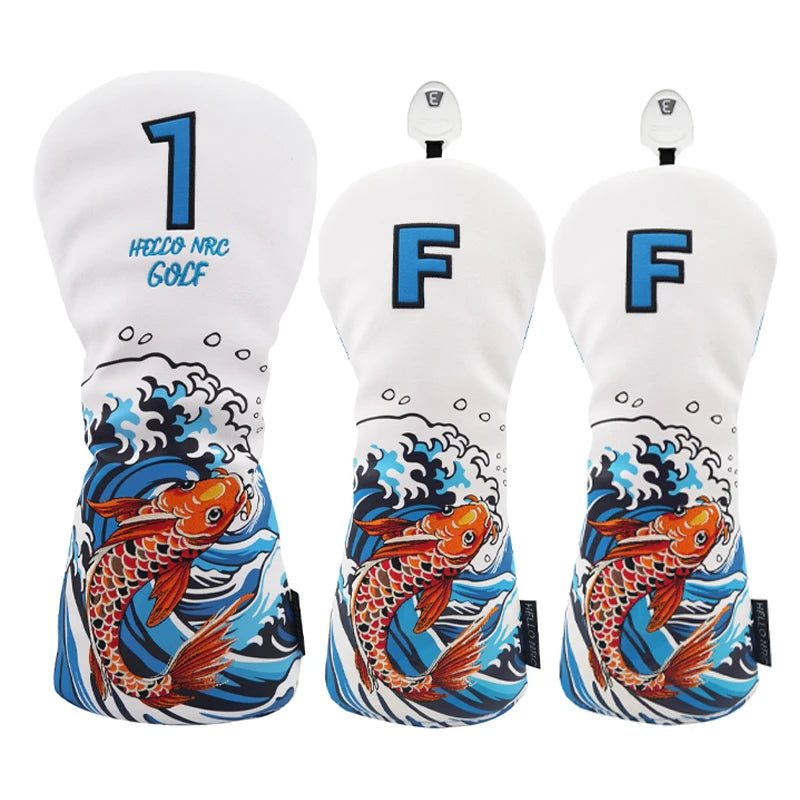 Golf Wood Cover Koi Pattern Driver Fairway Hybrid Waterproof Protector Head Cover PU Leather Soft Durable Golf Club Covers